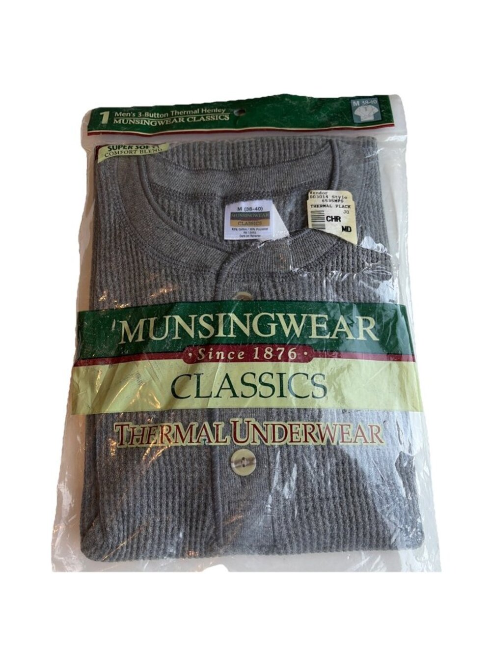 Vintage Munsingwear Men's Thermal Henley Shirt Base Layer Sz M Charcoal 1998 NEW